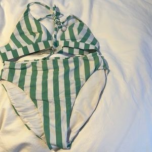 Victoria’s Secret swimsuit bikini halter top high waist green white stripe